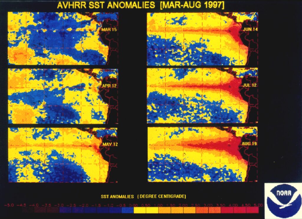 Mapas da temperatura do mar entre março e agosto de 1997 mostram o aquecimento do Pacífico durante um forte El Niño