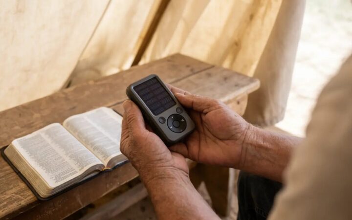 Bíblias em áudio movidas a energia solar chegam a famílias deslocadas pelo ebola no Congo